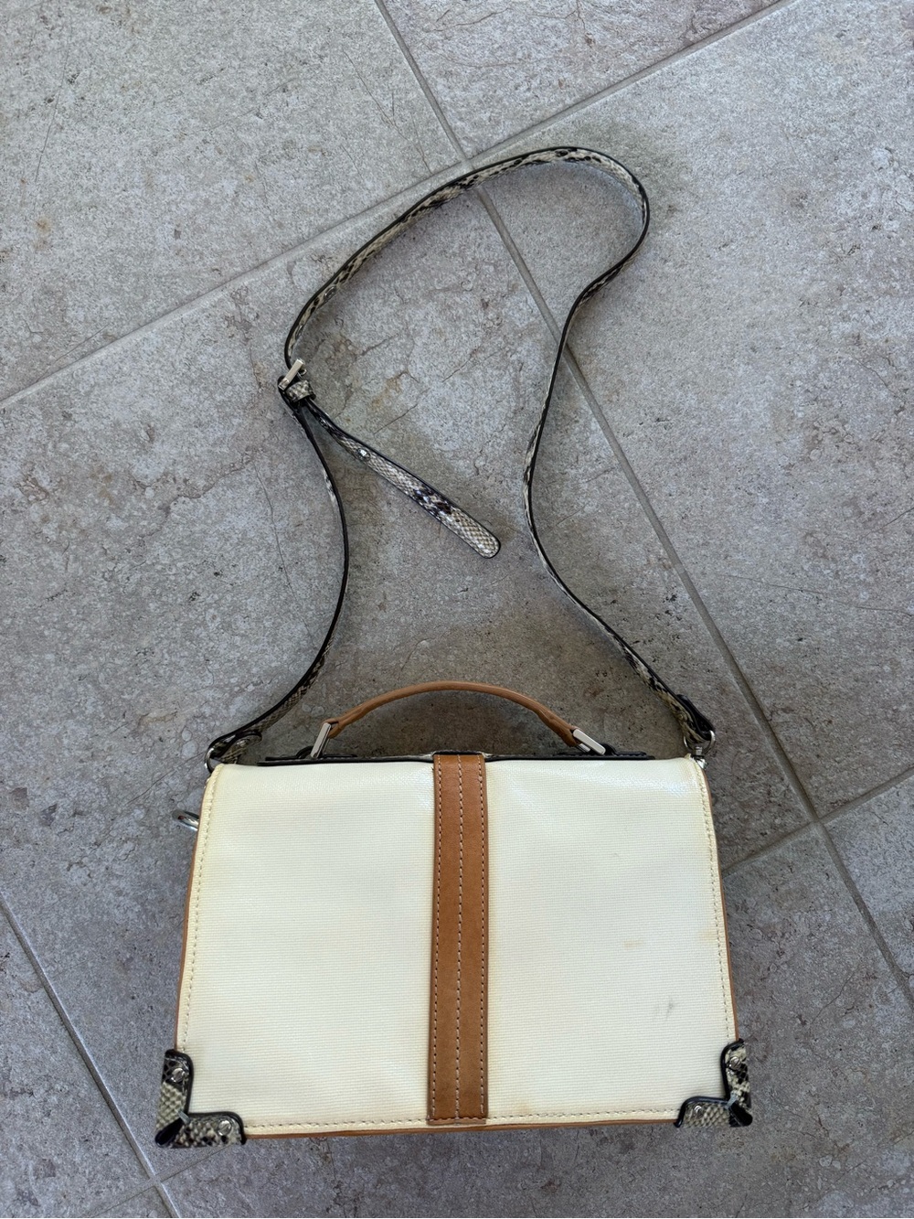 henri bendel Cream & Tan Crossbody Bag with Black & White Stripe Trim - Picture 3 of 6